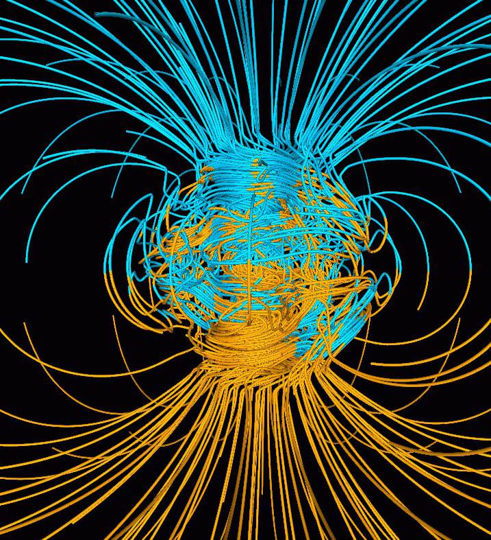 Computer simulation of the Earth's magnetic field.