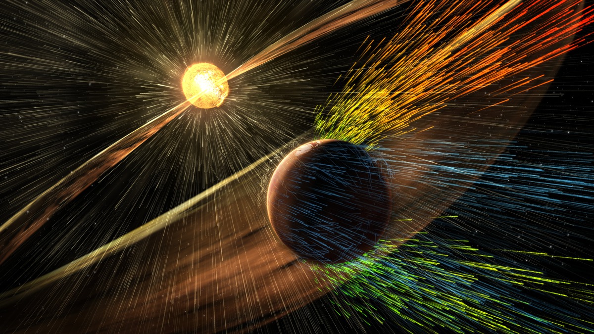 A solar storm hitting Mars and stripping the atmosphere